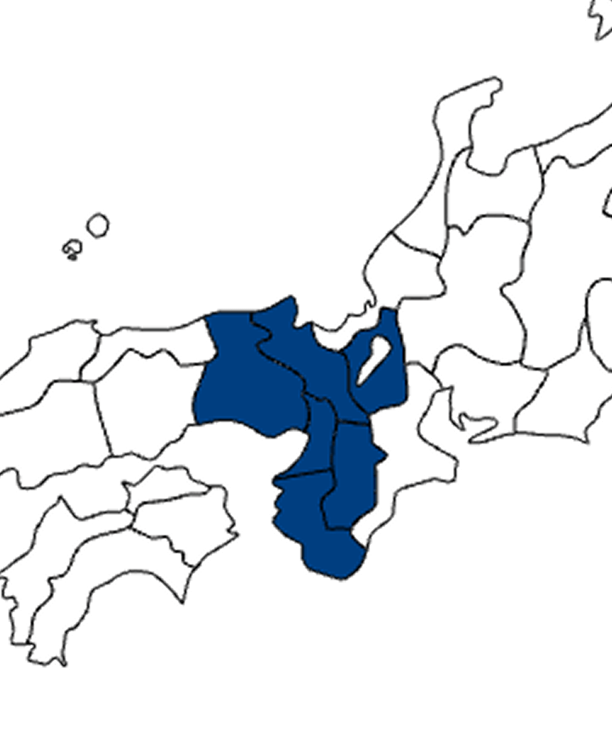 関西の地域に色を塗られた日本地図